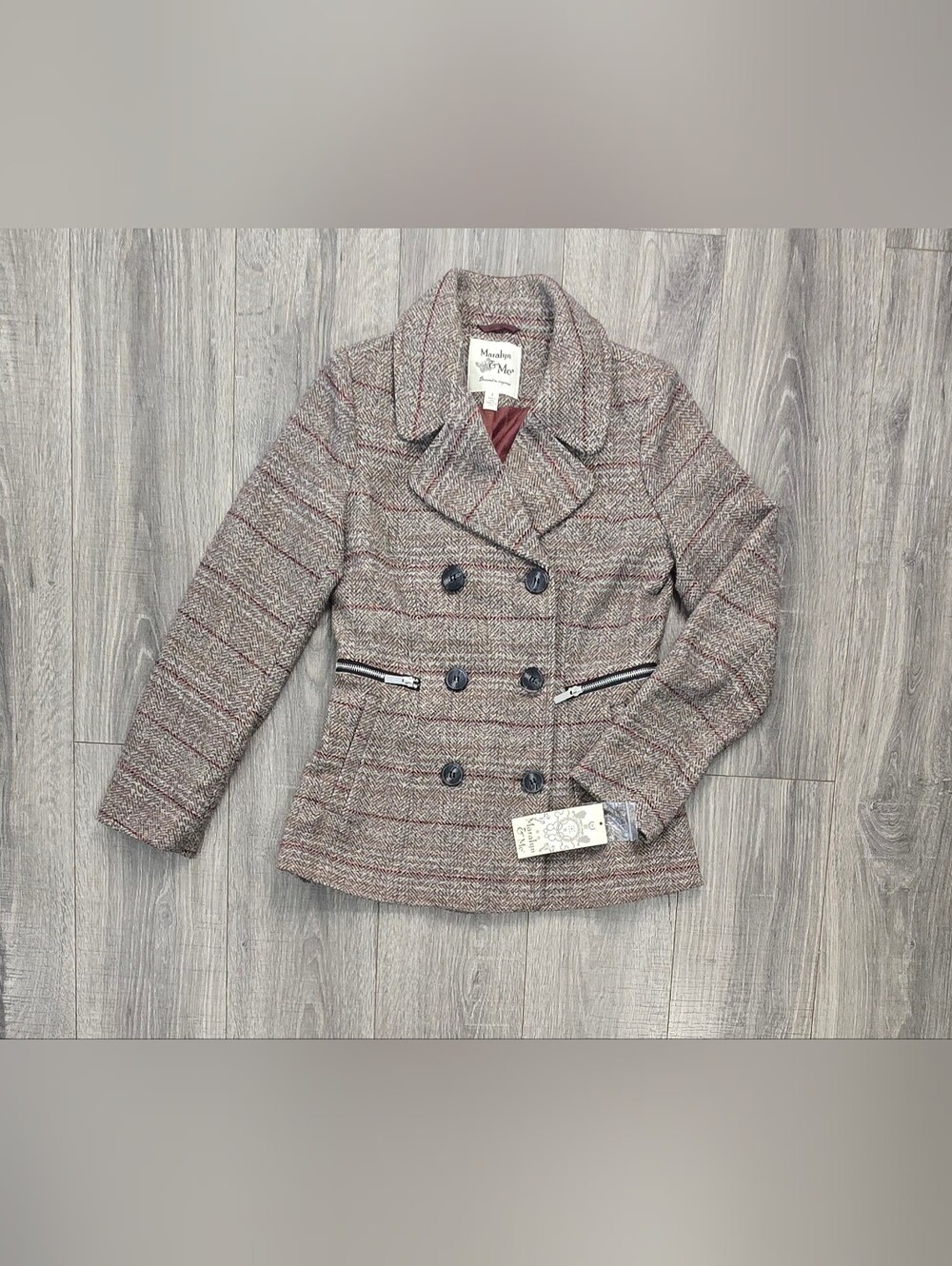 Maralyn & Me Gray Tweed Double-Breasted Peacoat with Burgundy Accents NWT
